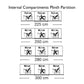 A black-and-white technical diagram titled 'Internal Compartments Plinth Partition' showing four width options (72,2 cm, 80,1 cm, 96,4 cm, and 225 cm, 250 cm, 280 cm, 300 cm) with line drawings of plinth compartments and star/check symbols indicating configuration options.
