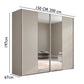 Wiemann Darwin Matt Decor Pebble Grey two Door Sliding Wardrobe With Mirror in the Middle  , shown with dimension annotations indicating 197 cm height, 150 or 200 cm width, and 67 cm depth.
