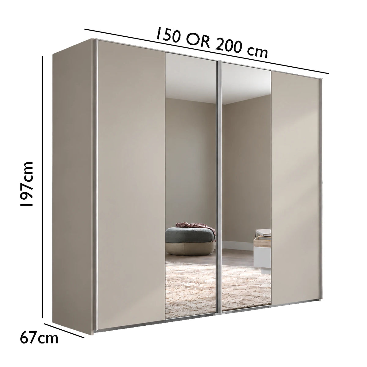 Wiemann Darwin Matt Decor Pebble Grey two Door Sliding Wardrobe With Mirror in the Middle  , shown with dimension annotations indicating 197 cm height, 150 or 200 cm width, and 67 cm depth.