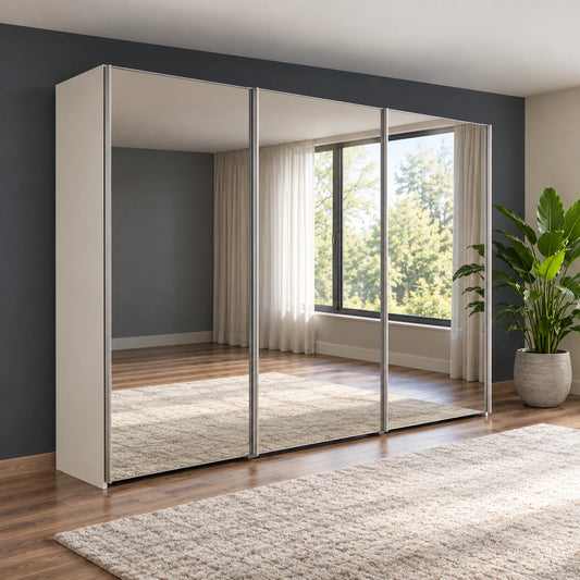 Wiemann Darwin 3 Door Full Mirror Sliding Wardrobe With Low Height with White Cracase styled in a modern bedroom