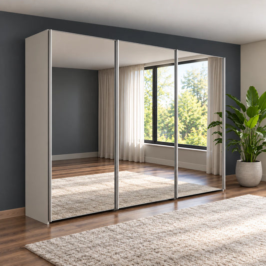 Wiemann Darwin 3 Door Full Mirror Sliding Wardrobe With Low Height with Pebble Grey Cracase styled in a modern bedroom