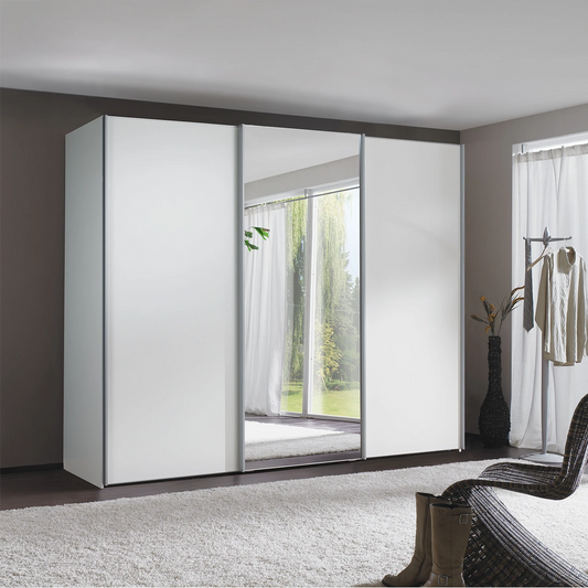 Wiemann Darwin 3 Door Mirror Sliding Wardrobe With Low Height in White styled in a modern bedroom