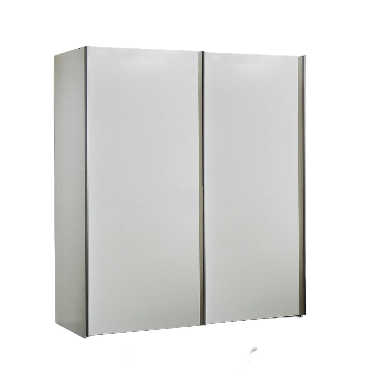 A modern wall-mounted medicine cabinet with two doors, featuring a minimalist silver-gray finish and slim vertical handles.