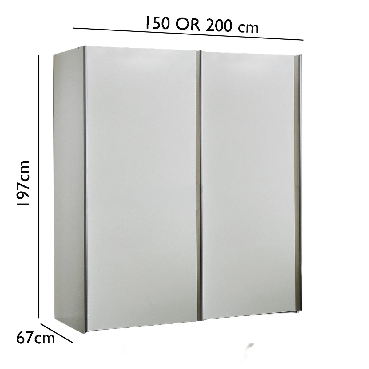 A two-door Wiemann Darwin wardrobe shown on a white background with dimension lines and labels indicating width as 150 or 200 cm, height as 197 cm, and depth as 67 cm.