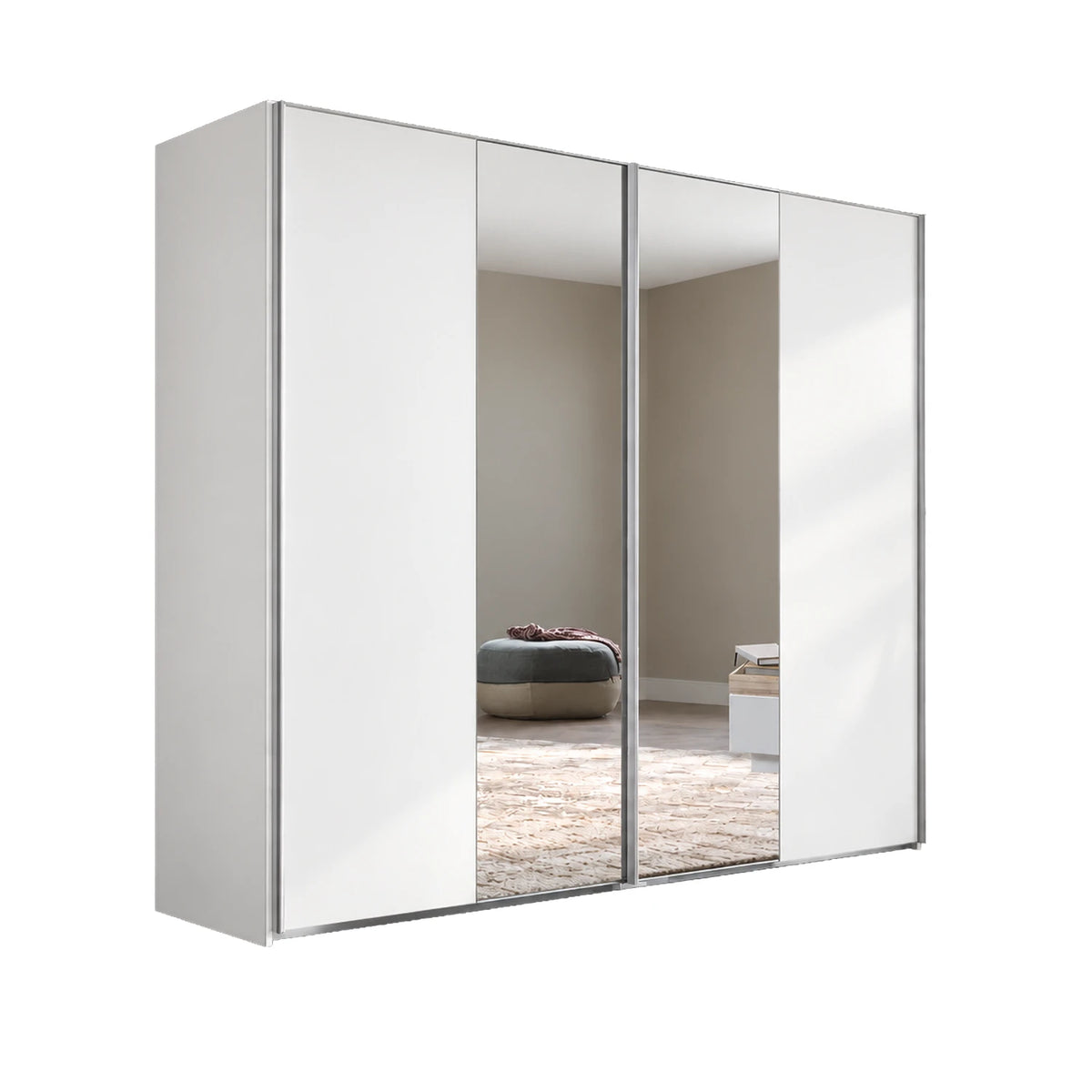 A modern two-door wardrobe with White Decor and mirrored sliding doors and a solid left door, shown against a plain white background. The doors reflect a bedroom interior.