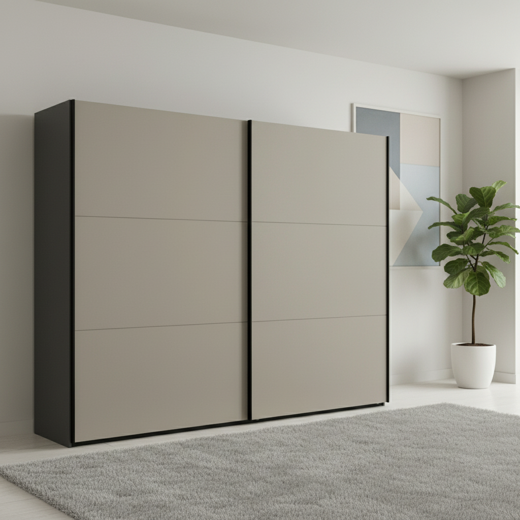 Modern sliding wardrobe door in a minimalistic room with a plant and abstract painting.