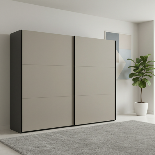 Modern sliding wardrobe door in a minimalistic room with a plant and abstract painting.