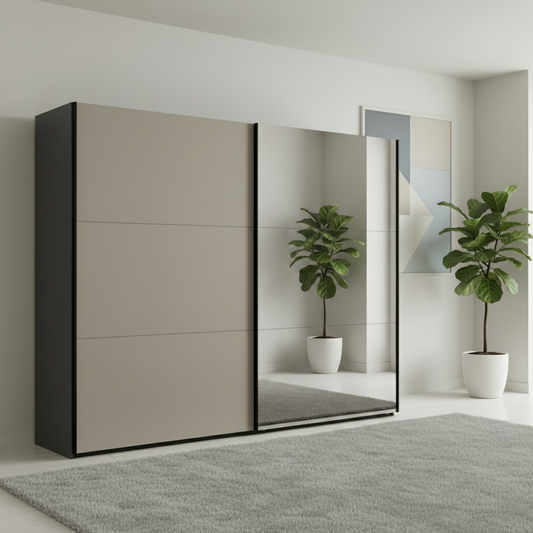 Modern wiemann sliding wardrobe with mirror doors in a minimalistic room.