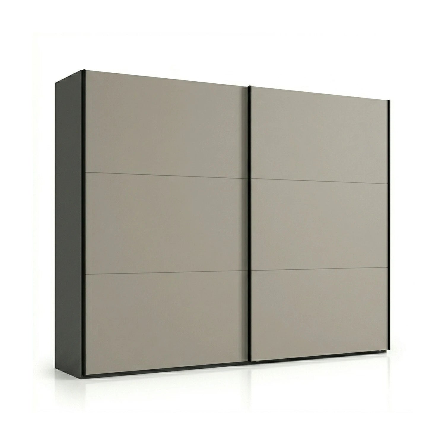 Modern sliding door wardrobe with pebble Grey panels and Graphite carcase on a white background