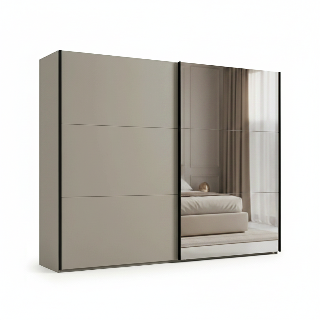 Pebble grey wardrobe with sliding doors and mirror doors on a white background