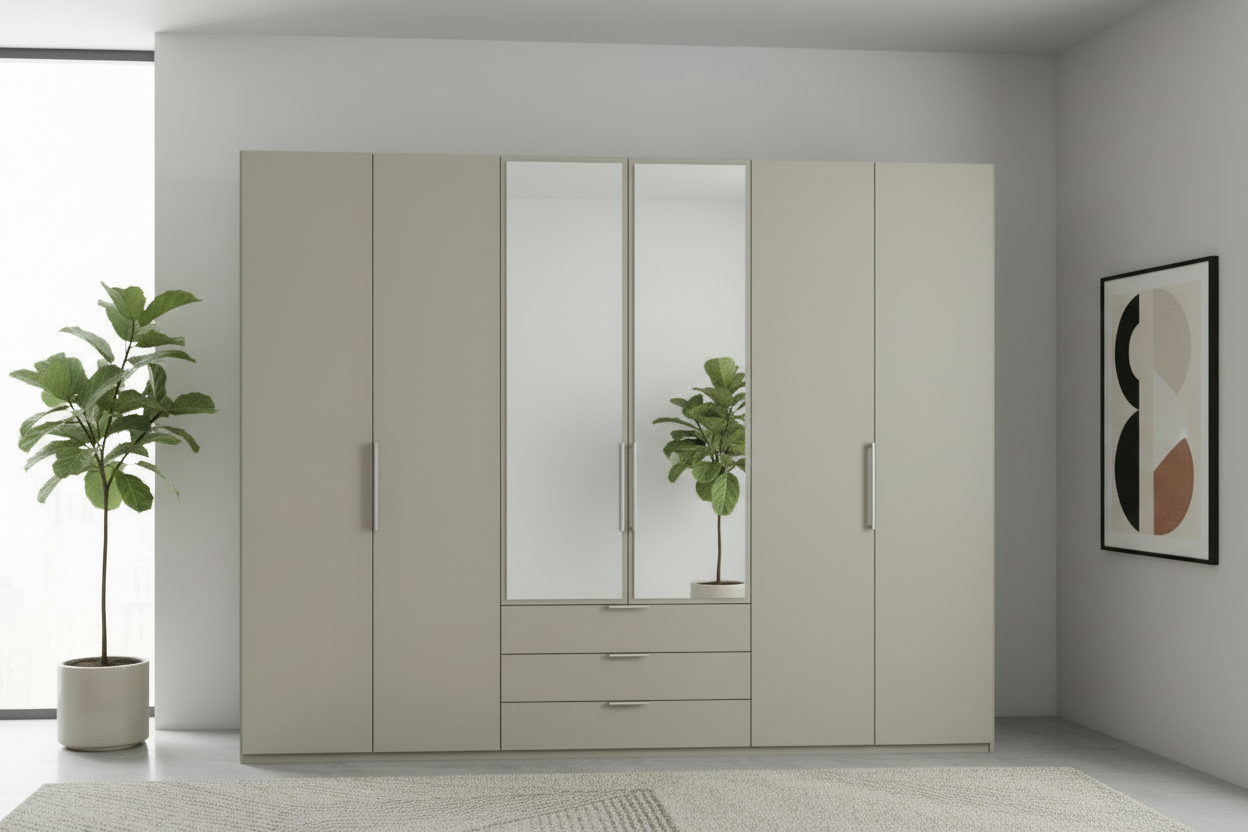 Halver Pebble Grey 6 Door Wardrobe with Drawers (W300cm)