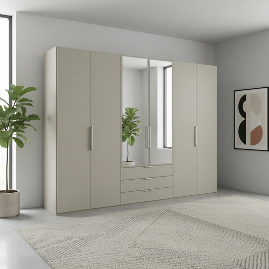 Wiemann Halver 6 Door Combi Wardrobe in Pebble Grey with Mirror