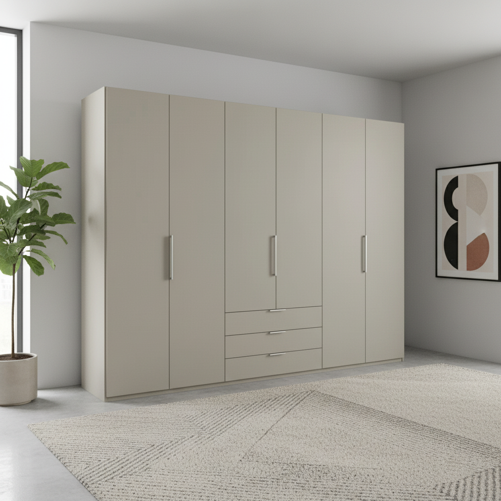 Large 6 Door Pebble Grey Wiemann wardrobe with drawers in a modern room with a plant and abstract art.