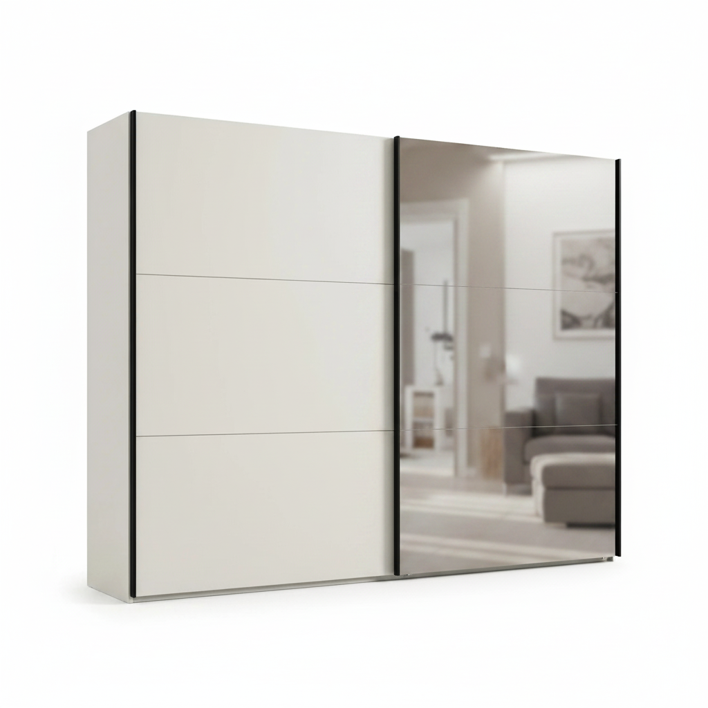 White wardrobe with a mirror door on a white background