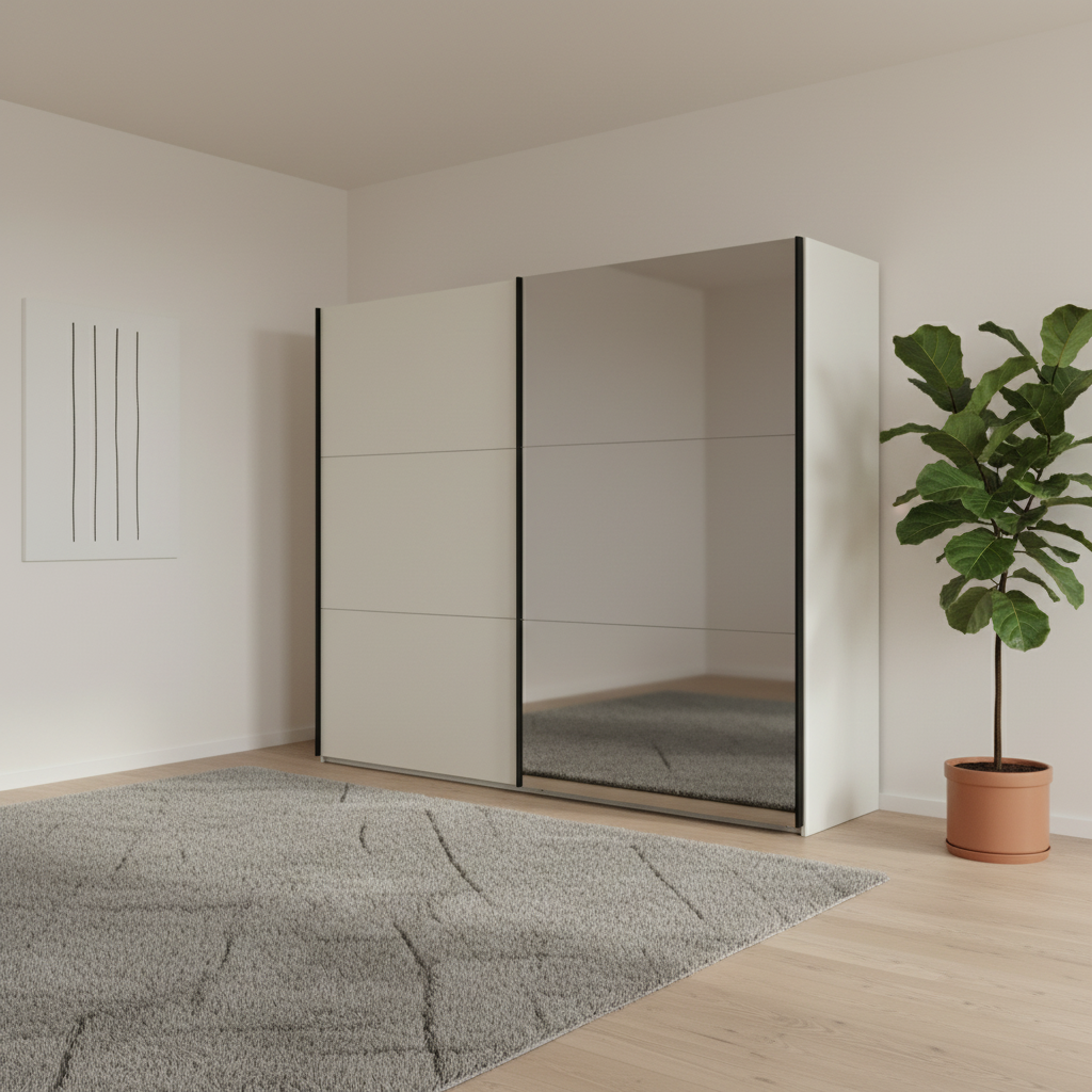 Modern wardrobe with mirror door in a minimalistic room with a plant and rug.