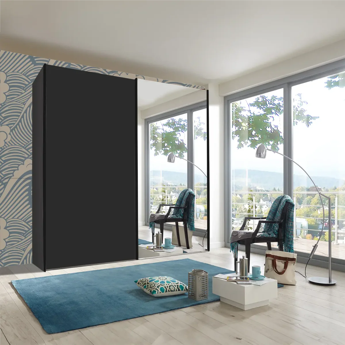 Wiemann Houston 200cm Graphite Glass & Mirror Front 2 Door Sliding Wardrobe 