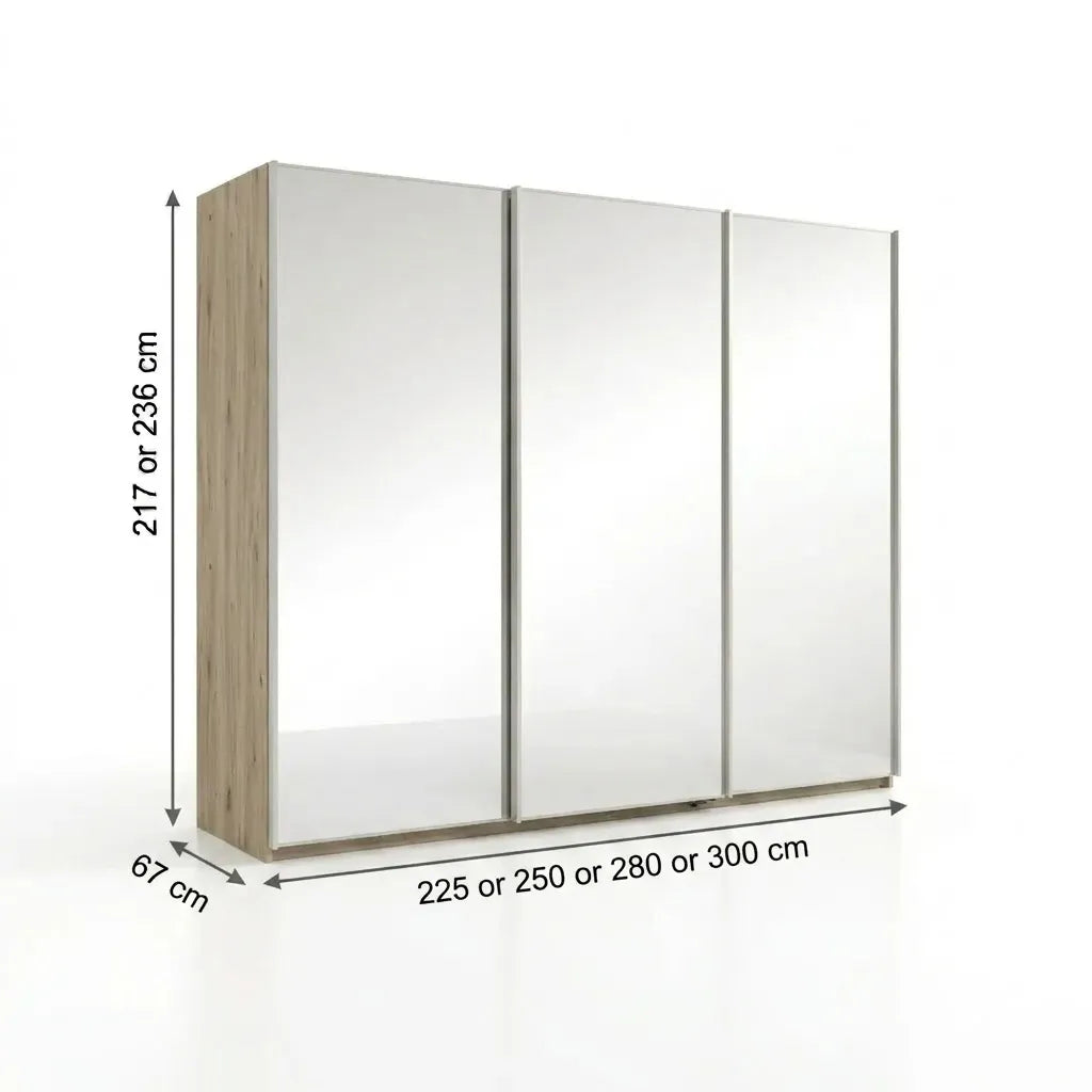 Wiemann Full Mirror Phoenix Iconic Nordic Oak Carcase 3 Door Sliding Wardrobe - Dimensions