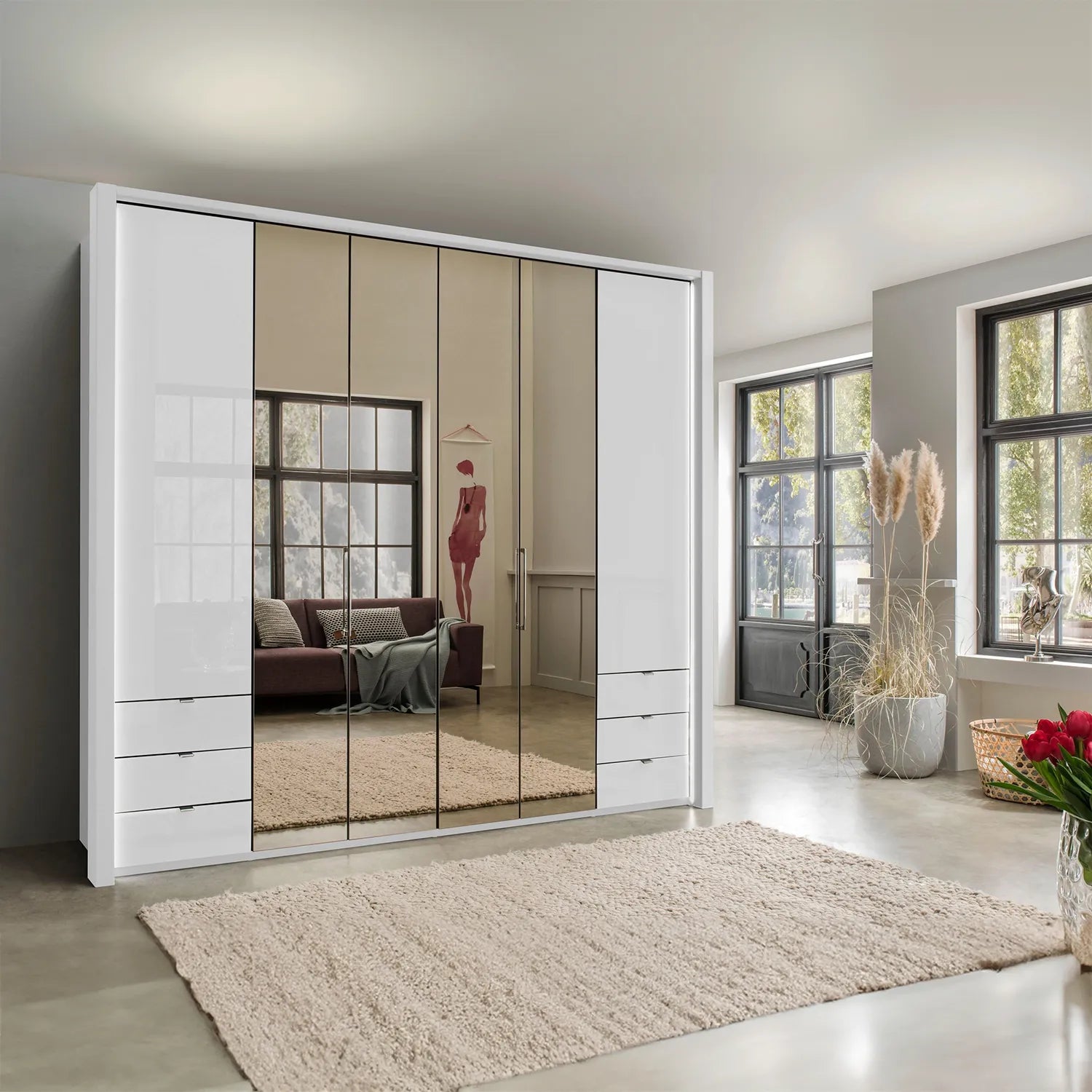 Wiemann Kansas Large 6 Door Havana Glass Wardrobe with Mirror & LED Light 