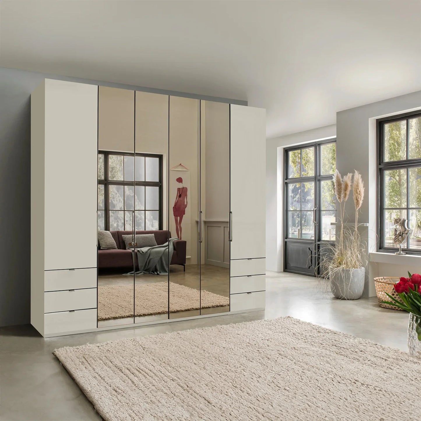 Wiemann Kansas Large 6 Door Champagne Wardrobe with Mirror 