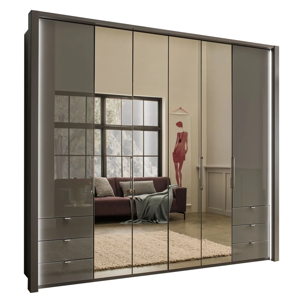 Wiemann Kansas Large 6 Door Havana Glass Wardrobe with Mirror & LED Light 
