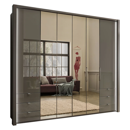 Wiemann Kansas Large 6 Door Havana Glass Wardrobe with Mirror & LED Light 