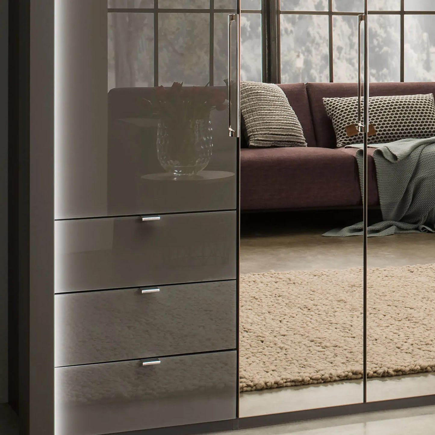 Wiemann Kansas Large 6 Door Havana Glass Wardrobe with Mirror & LED Light 