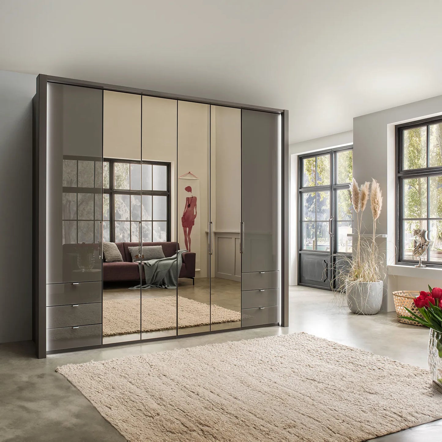 Wiemann Kansas Large 6 Door Havana Glass Wardrobe with Mirror & LED Light 