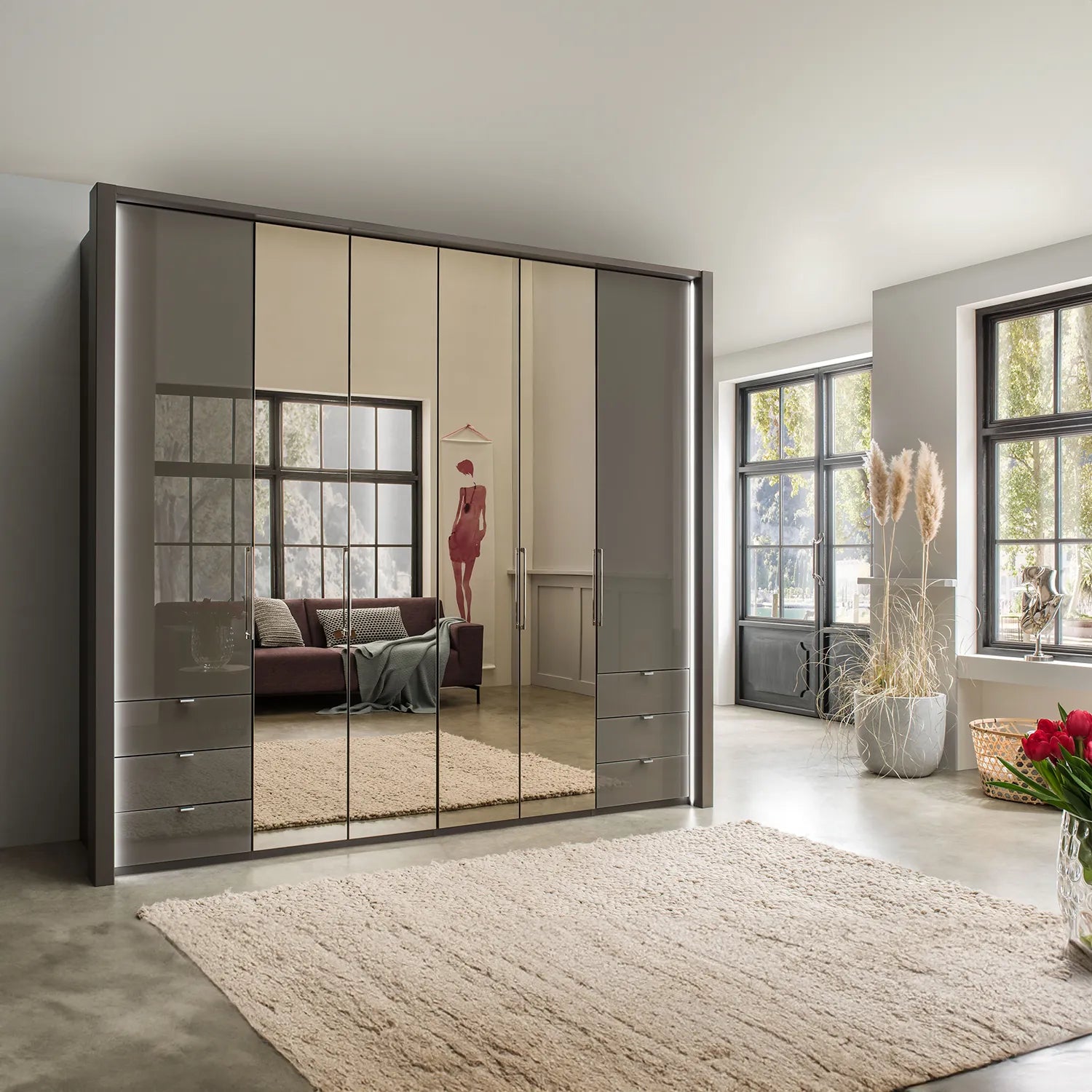 Wiemann Kansas Large 6 Door Havana Glass Wardrobe with Mirror & LED Light 