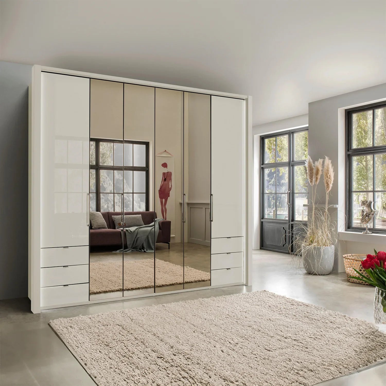 Wiemann Kansas Large 6 Door Havana Glass Wardrobe with Mirror & LED Light 