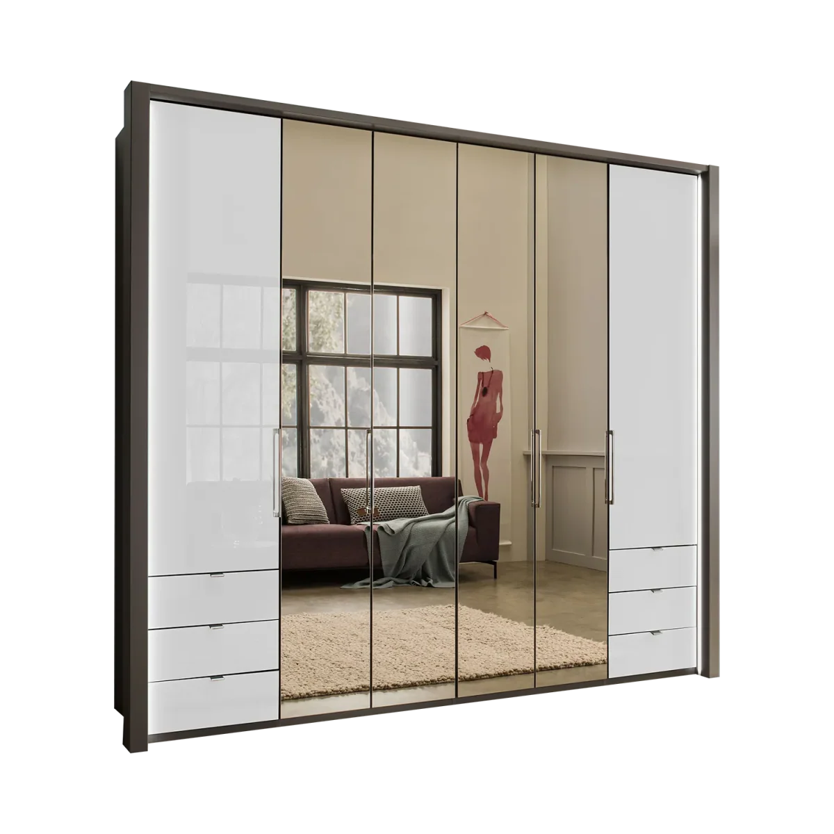 Wiemann Kansas Large 6 Door Havana Glass Wardrobe with Mirror & LED Light 