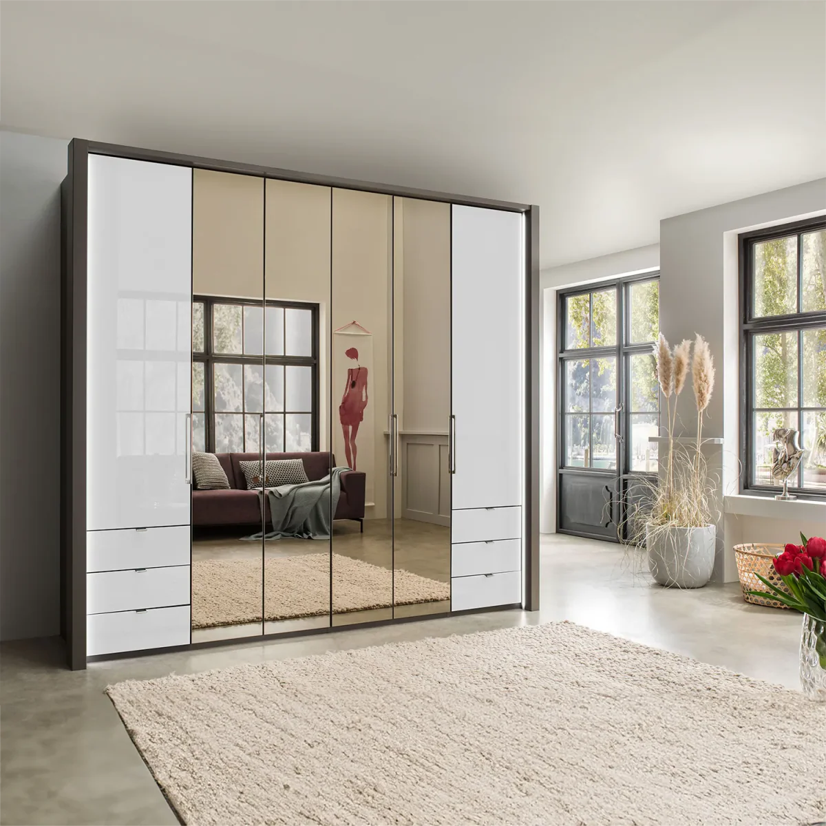 Wiemann Kansas Large 6 Door Havana Glass Wardrobe with Mirror & LED Light 
