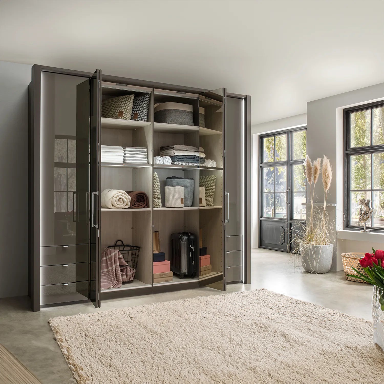 Wiemann Kansas Large 6 Door Havana Glass Wardrobe with Mirror & LED Light 