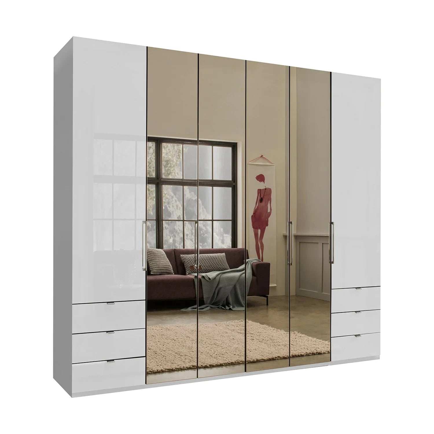 Wiemann Kansas Large 6 Door White Glass Wardrobe with Mirror 