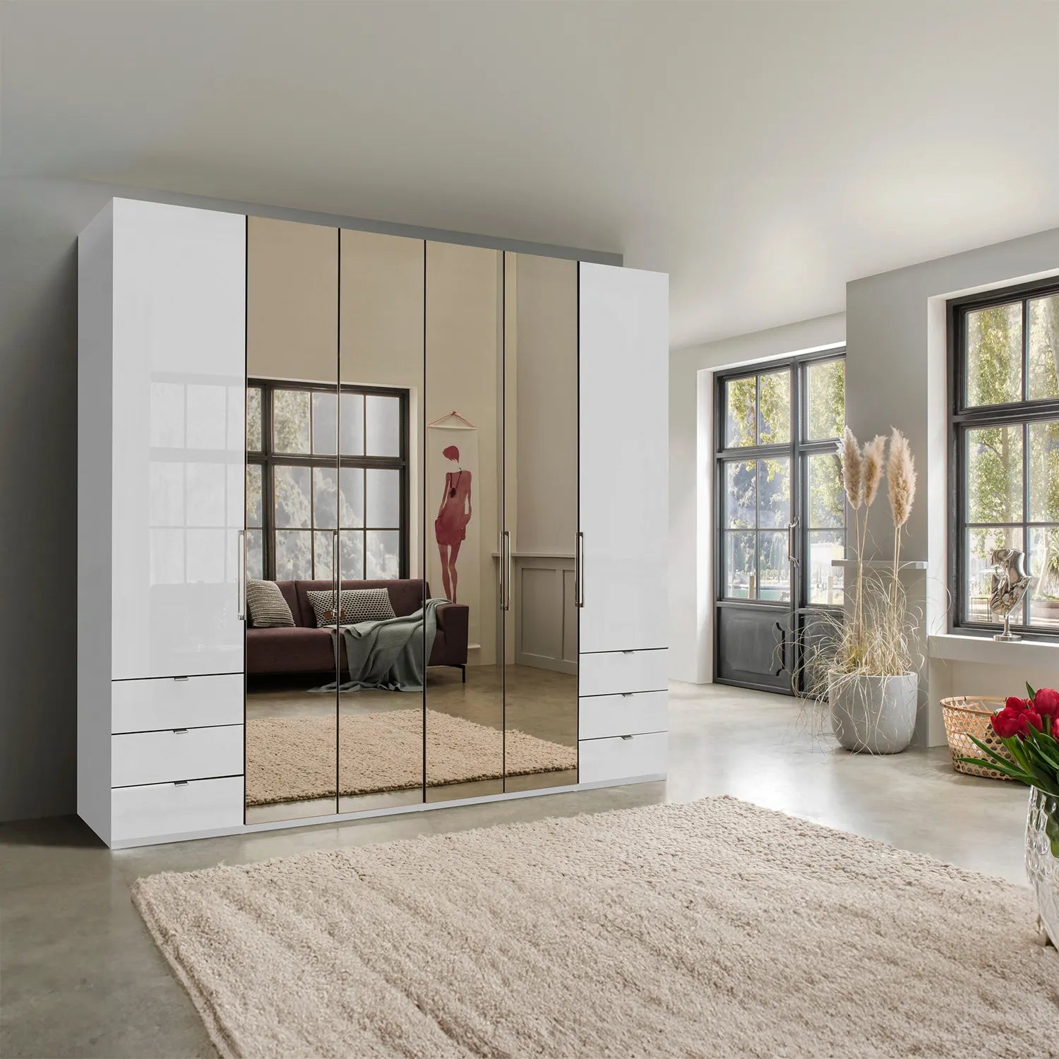 Wiemann Kansas Large 6 Door White Glass Wardrobe with Mirror 