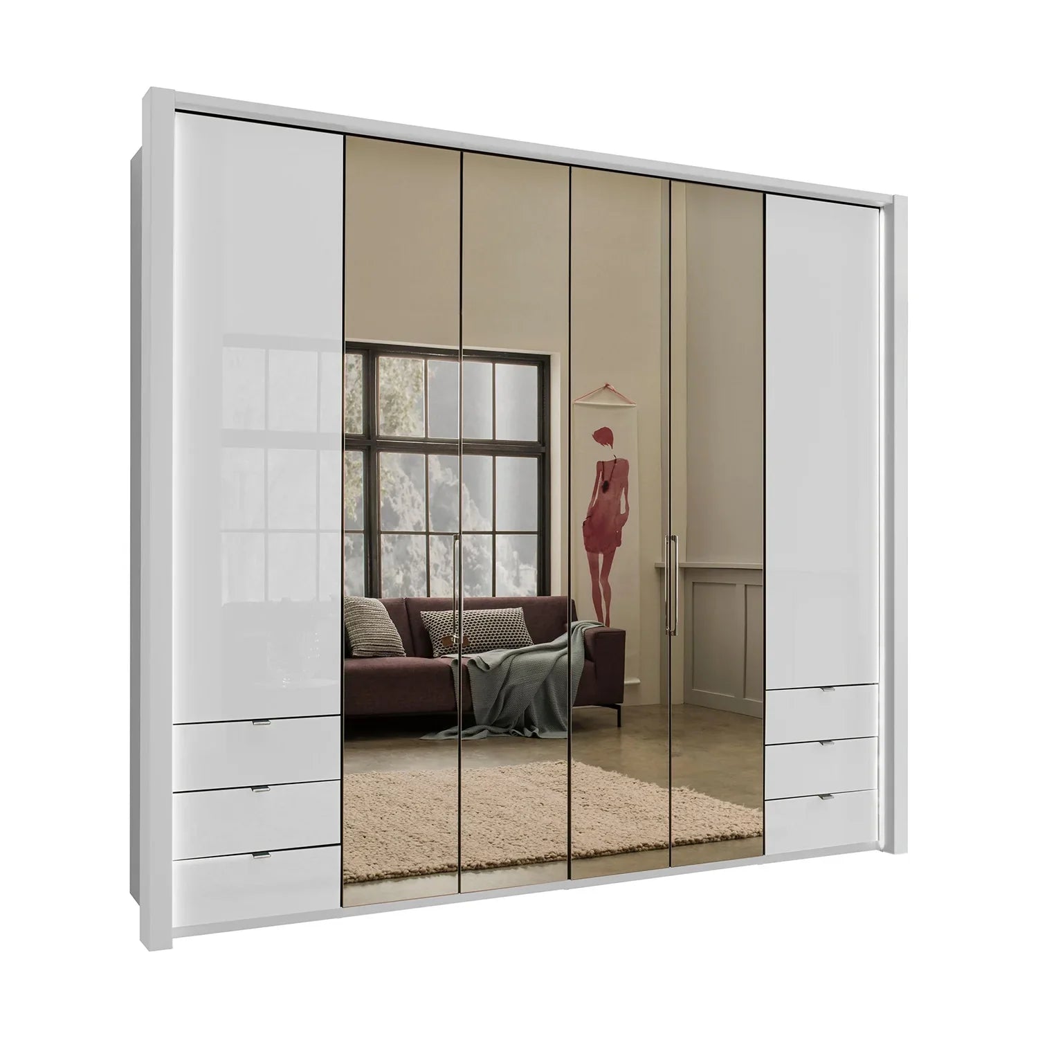 Wiemann Kansas Large 6 Door Havana Glass Wardrobe with Mirror & LED Light 