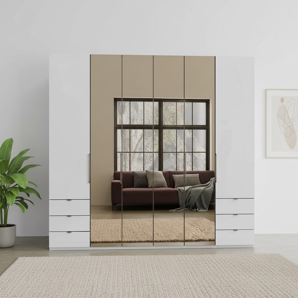 Wiemann Kansas Large 6 Door White Glass Wardrobe with Mirror