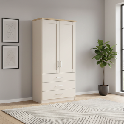 Shop the Wiemann Kempton 100cm wardrobe with drawers. in Champagne Colour with Oak Cornice