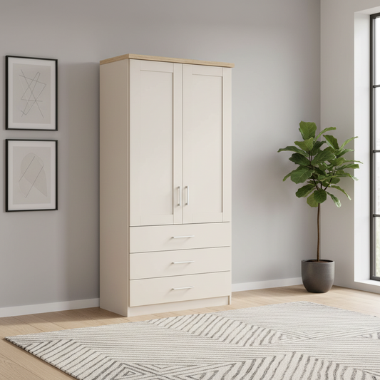 Shop the Wiemann Kempton 100cm wardrobe with drawers. in Champagne Colour with Oak Cornice
