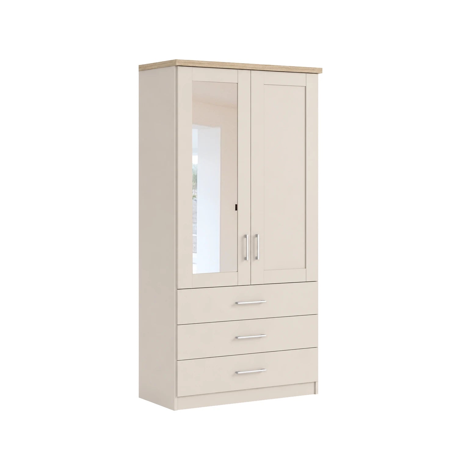 Wiemann Kempton 100cm wardrobe with drawers in Champagne Colour with  Cornice and Mirror on Left Door