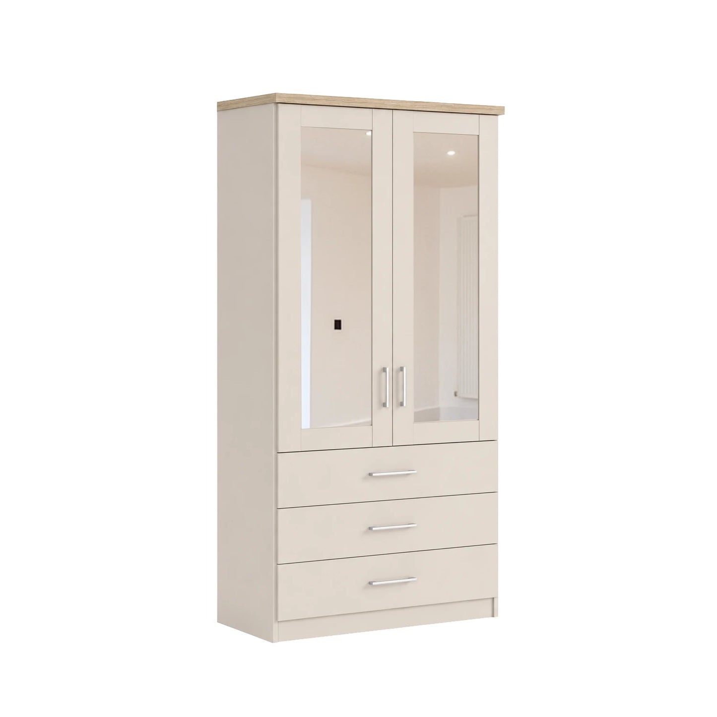 Wiemann Kempton 100cm wardrobe with drawers in Champagne Colour with  Cornice and Mirror on Both Doors