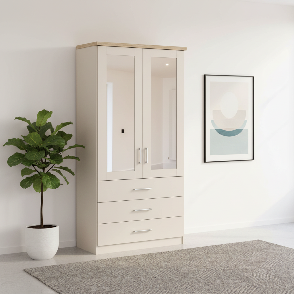 Shop the Wiemann Kempton 100cm wardrobe with drawers. in Champagne Colour with Mirror Oak Cornice