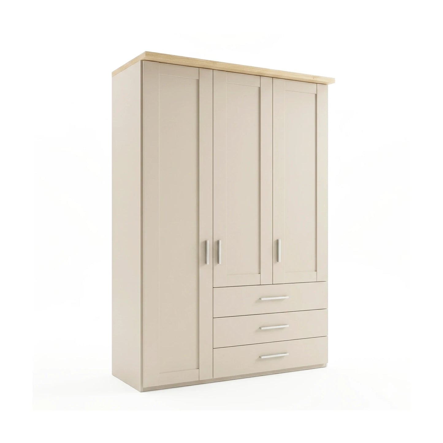 Shaker style Wiemann Kempton 150cm 3 door wardrobe with drawers in Champagne and Nordic Oak Cornice