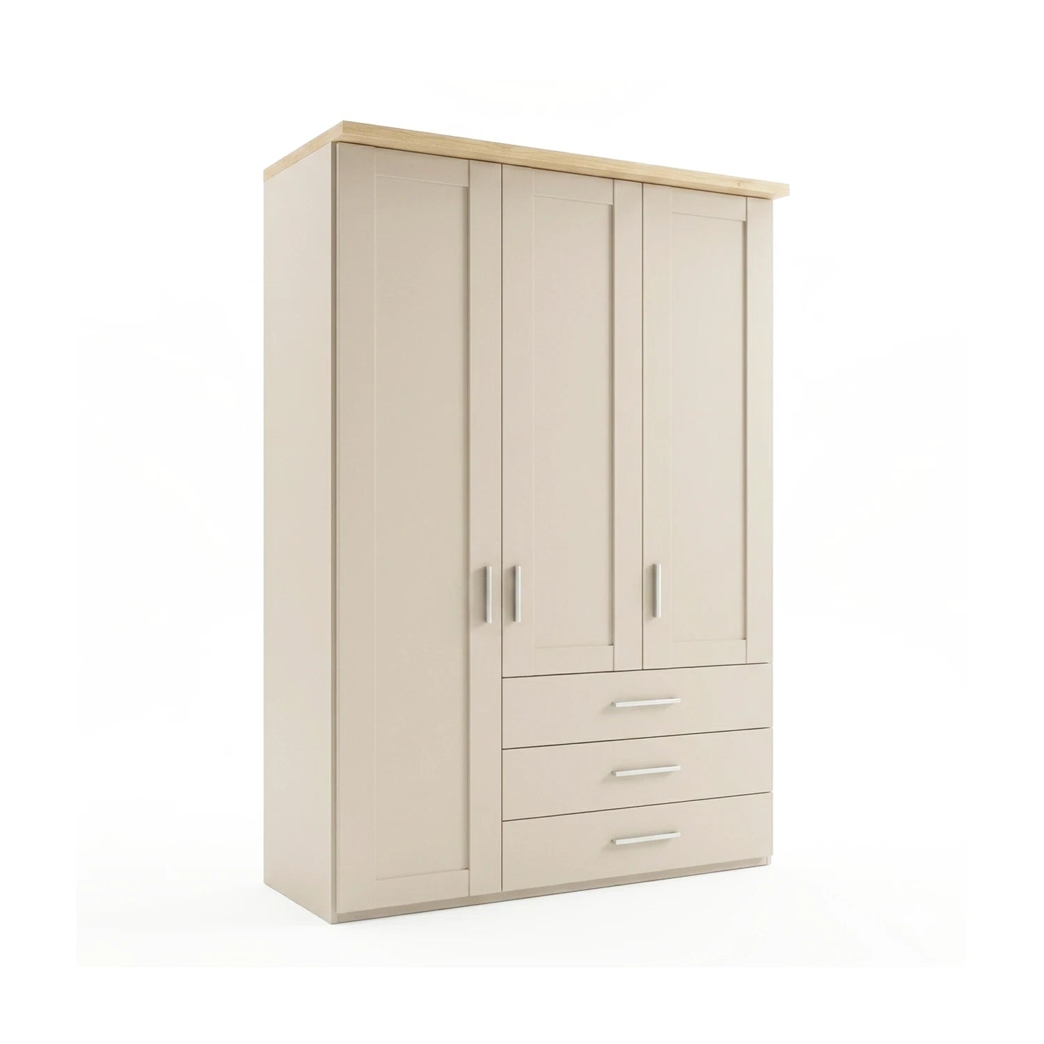 Shaker style Wiemann Kempton 150cm 3 door wardrobe with drawers in Champagne and Nordic Oak Cornice