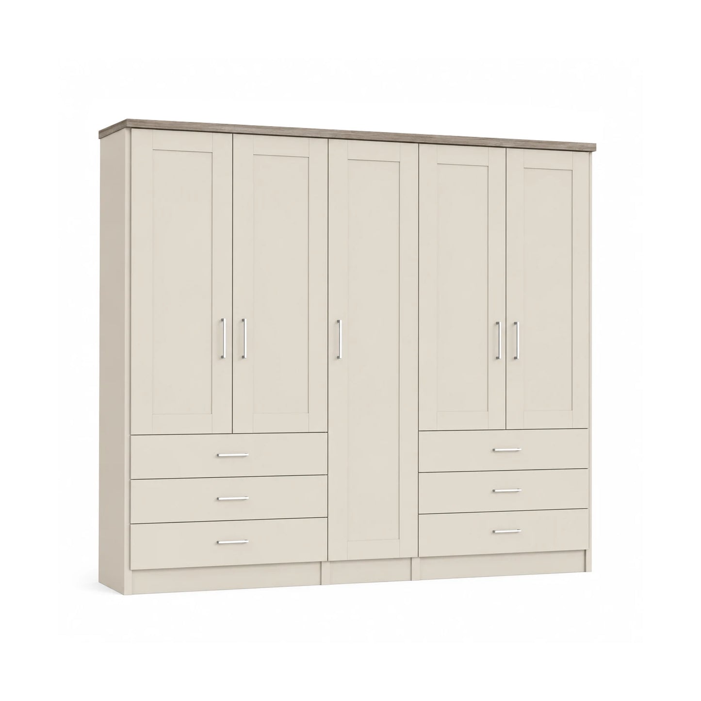 Wiemann Kempton Champagne 250cm large 5 Door wardrobe with 6 drawers and Oak Cornice