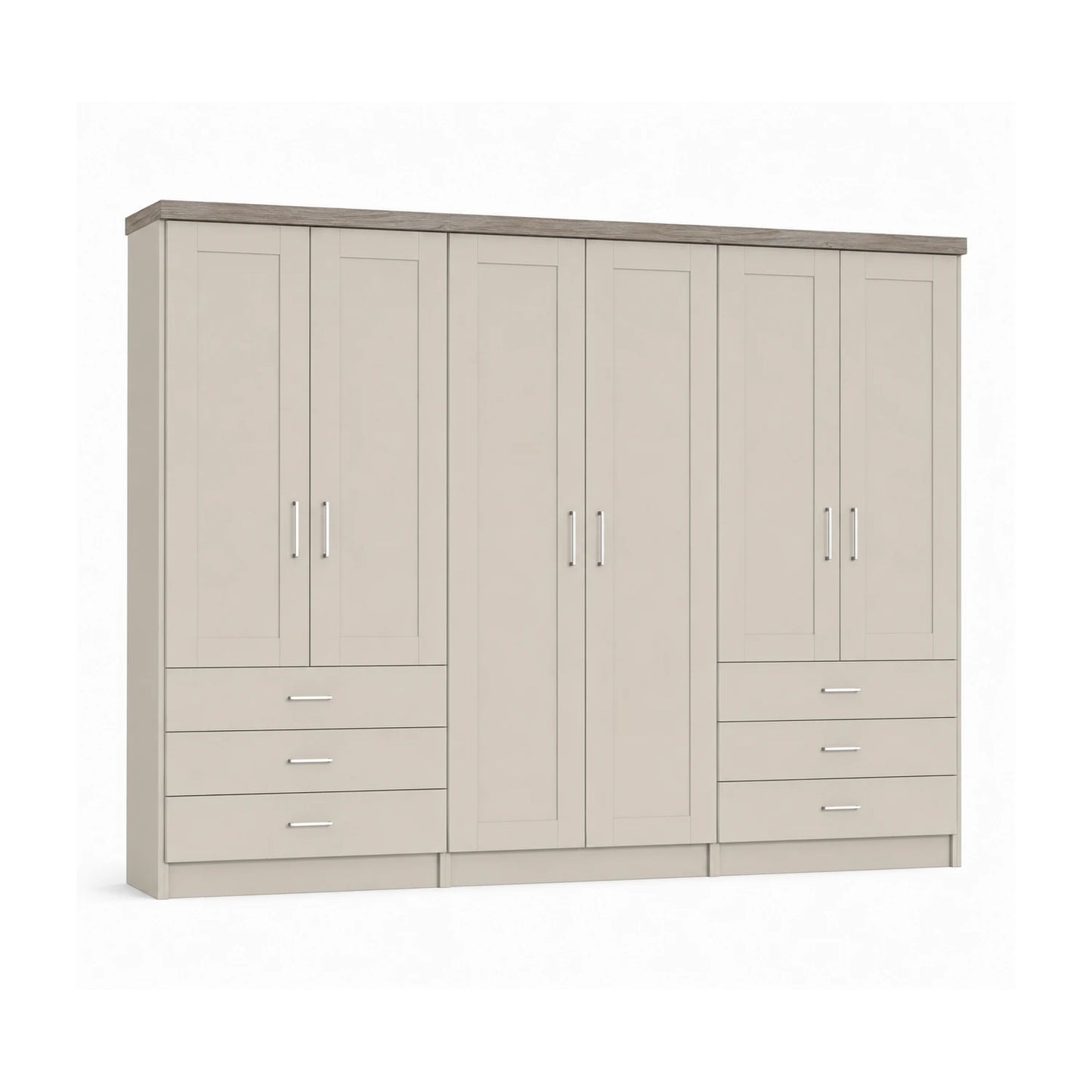 Wiemann Kempton Champagne 300cm large 6 Door wardrobe with 6 drawers and Oak Cornice