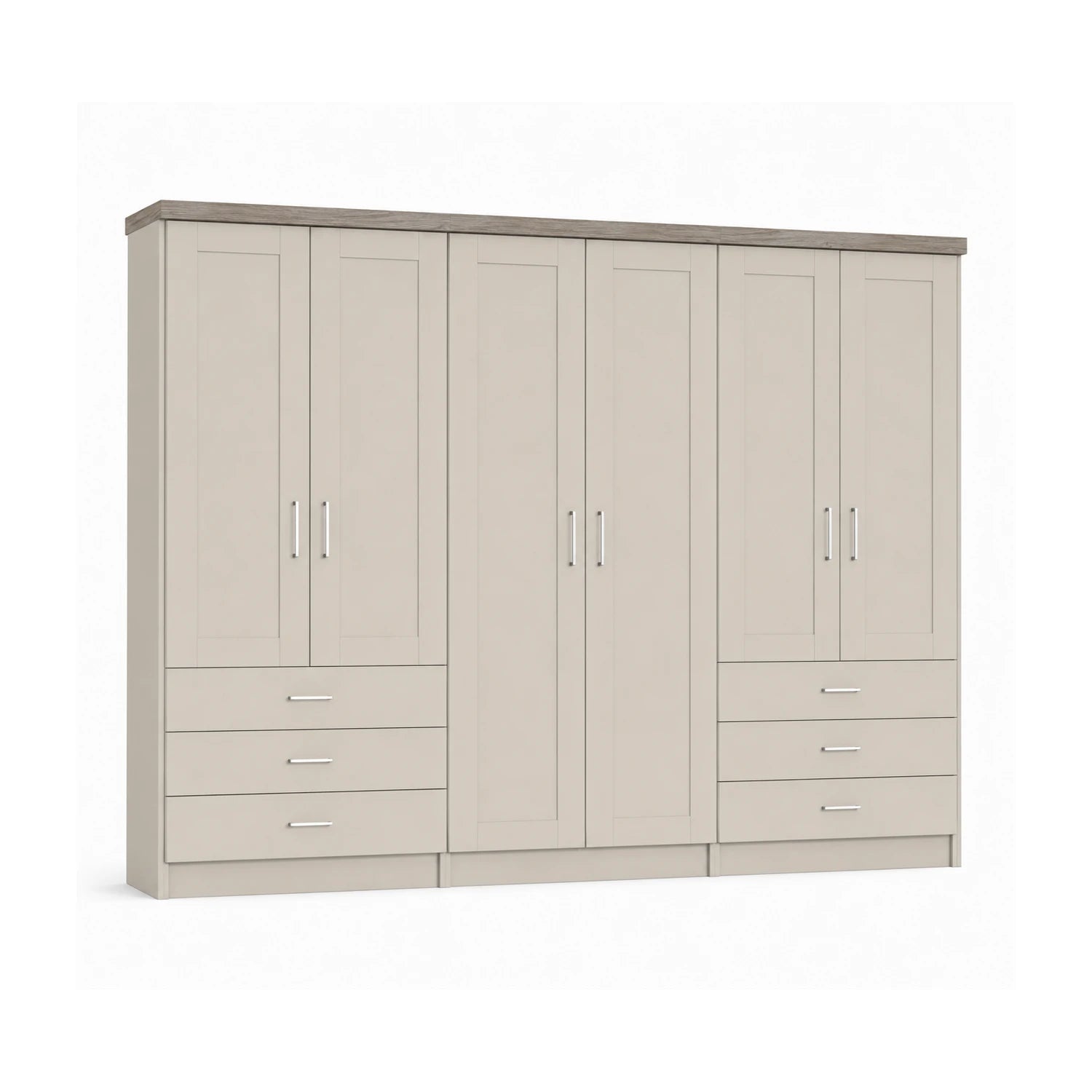 Wiemann Kempton Champagne 300cm large 6 Door wardrobe with 6 drawers and Oak Cornice
