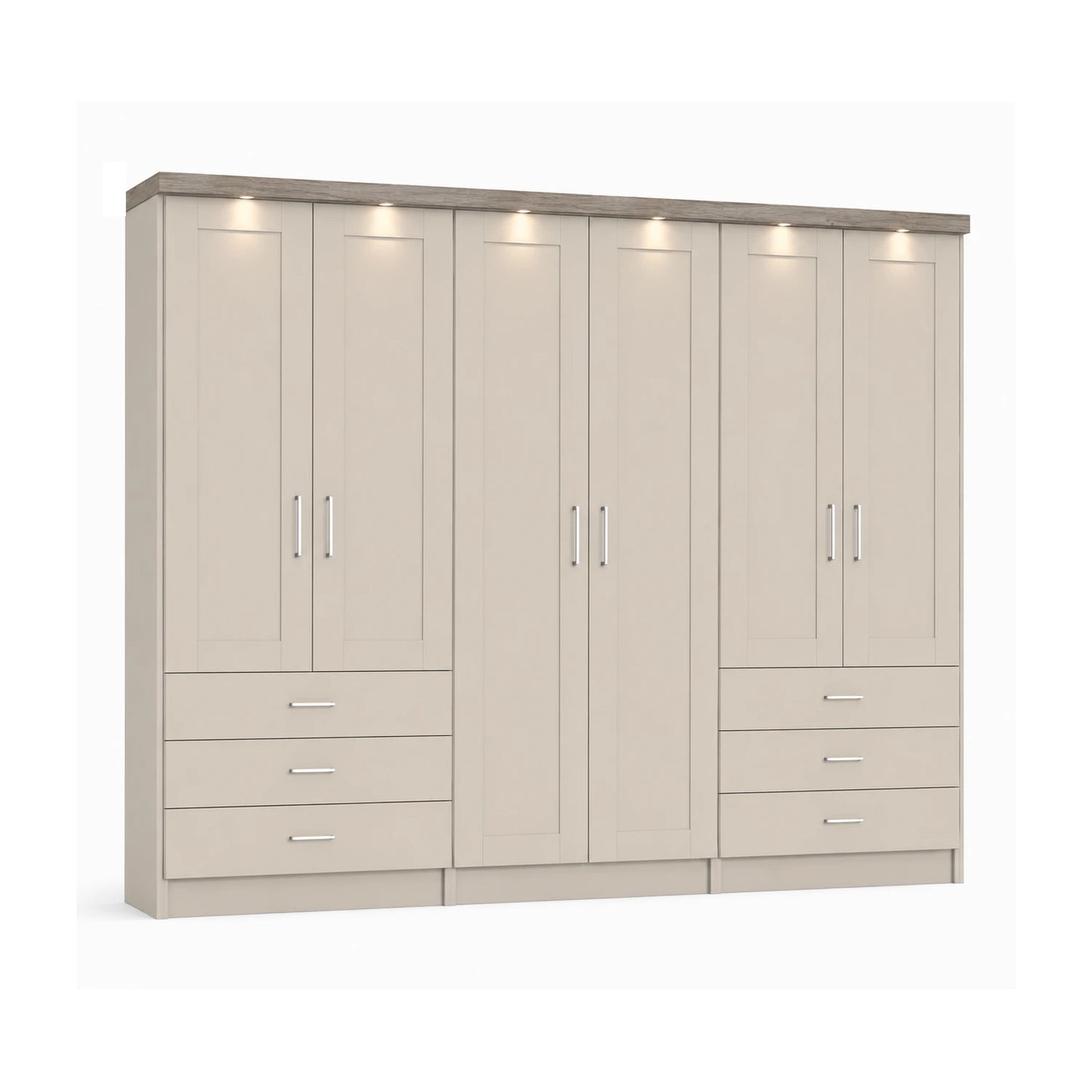 Wiemann Kempton Champagne 300cm large 6 Door wardrobe with 6 drawers and Oak LED Light Cornice