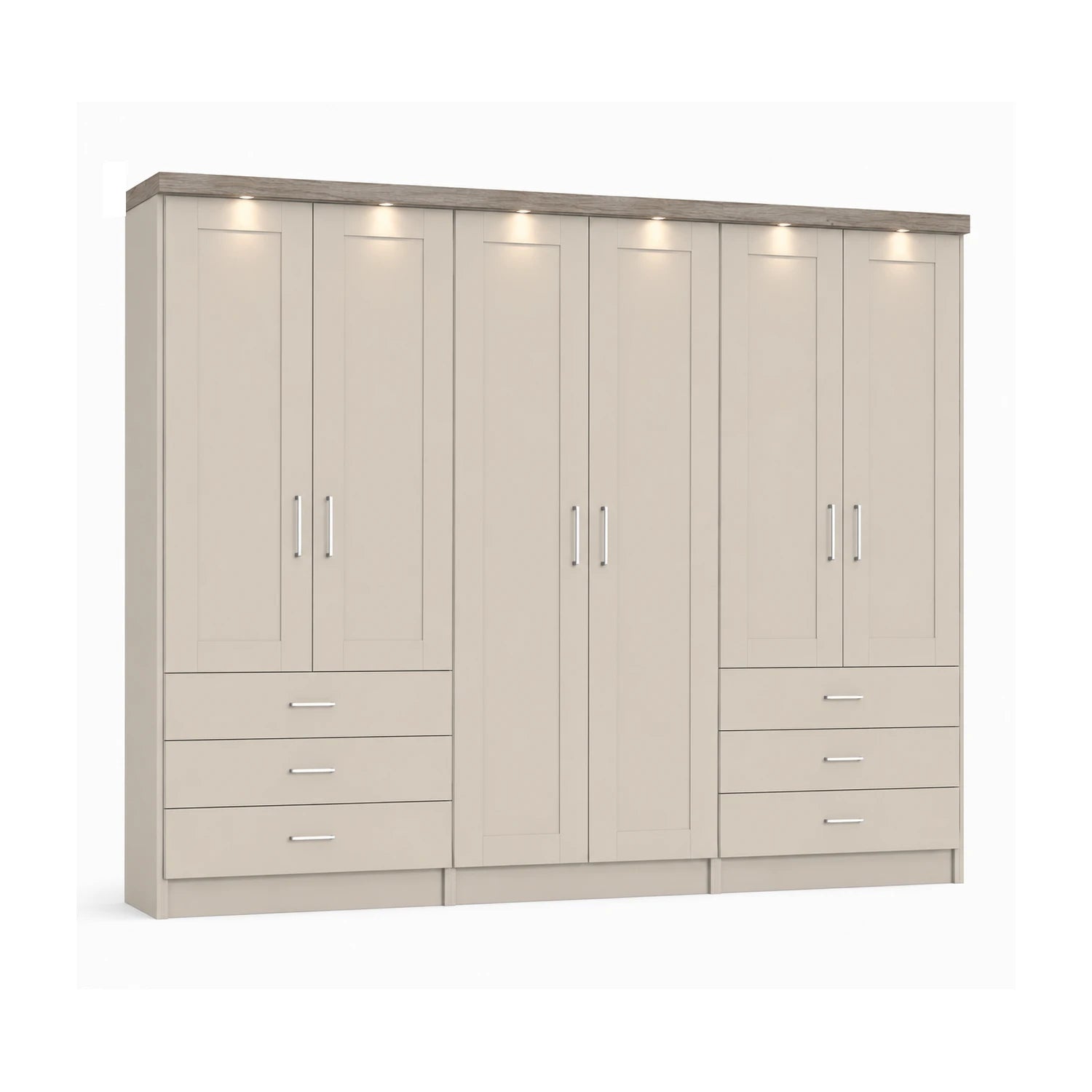Wiemann Kempton Champagne 300cm large 6 Door wardrobe with 6 drawers and Oak LED Light Cornice
