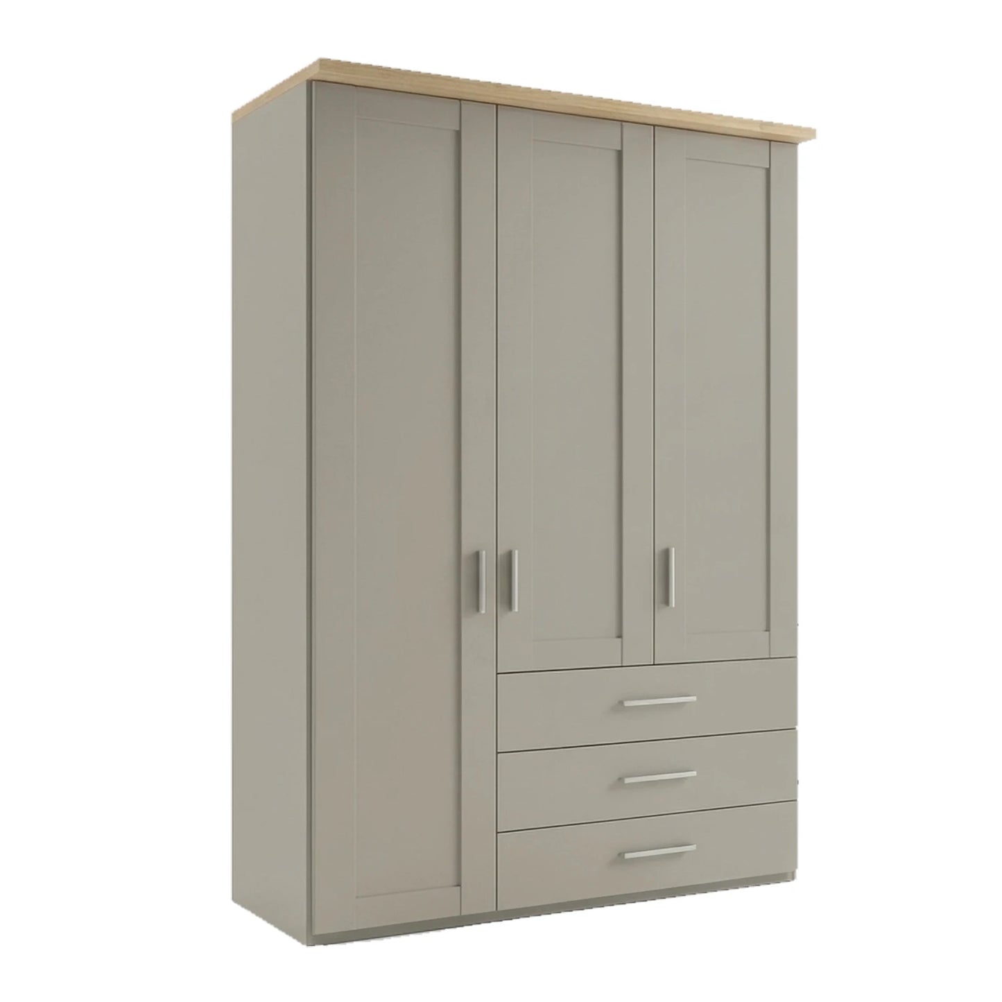Shaker style Wiemann Kempton Pebble Grey 150cm 3 door wardrobe with drawers and Nordic Oak Cornice