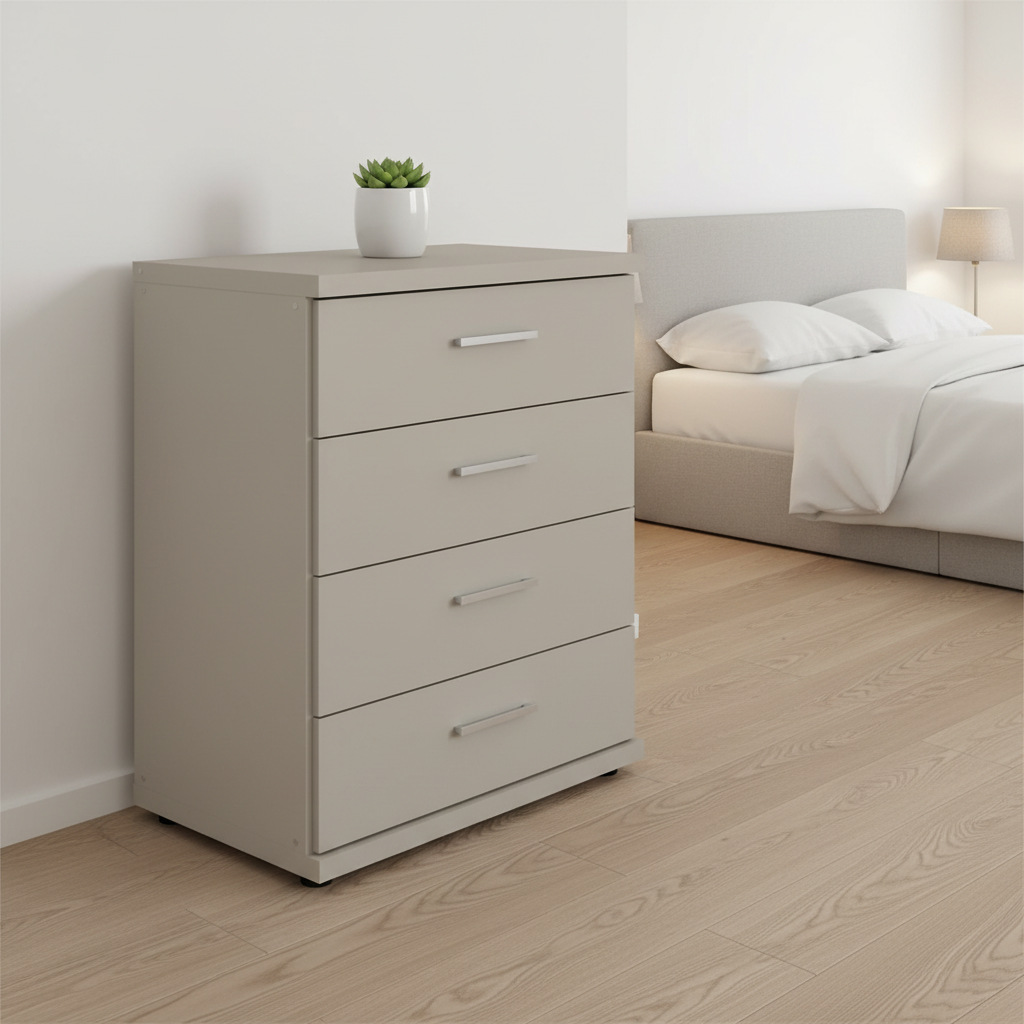 Shop the Wiemann Kempton Pebble Grey 4 drawer Large chest. Available in 4 colours with optional Nordic Oak top and delivered assembled.